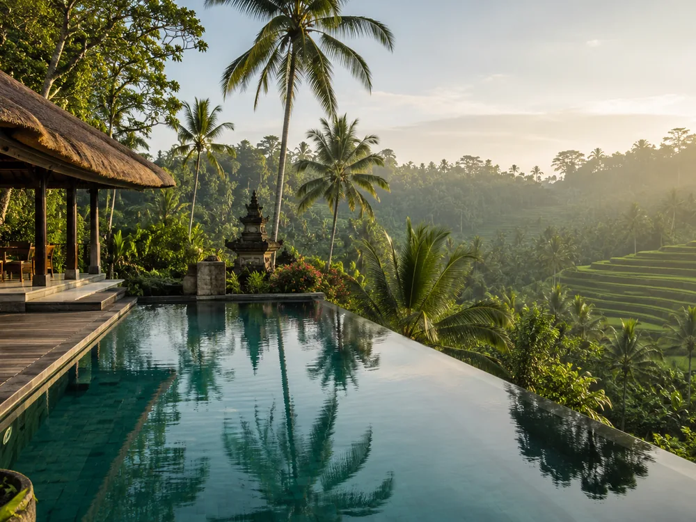 Infinity pool overlooking tropical forest and rice terraces in Bali