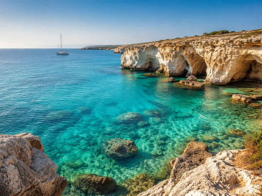 Clear turquoise water and sunlit sea caves along the Cyprus coast
