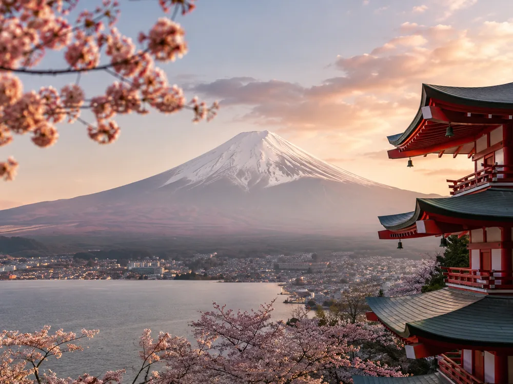 Mount Fuji framed by a Japanese pagoda and cherry blossoms