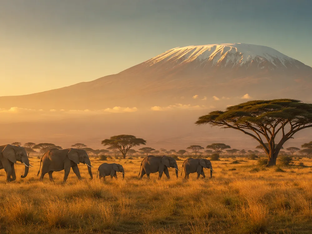 Elephants crossing Tanzania's golden savanna beneath Mount Kilimanjaro