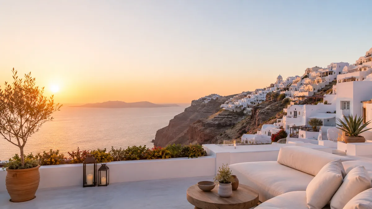 Mediterranean terrace overlooking a whitewashed coastal village at sunset