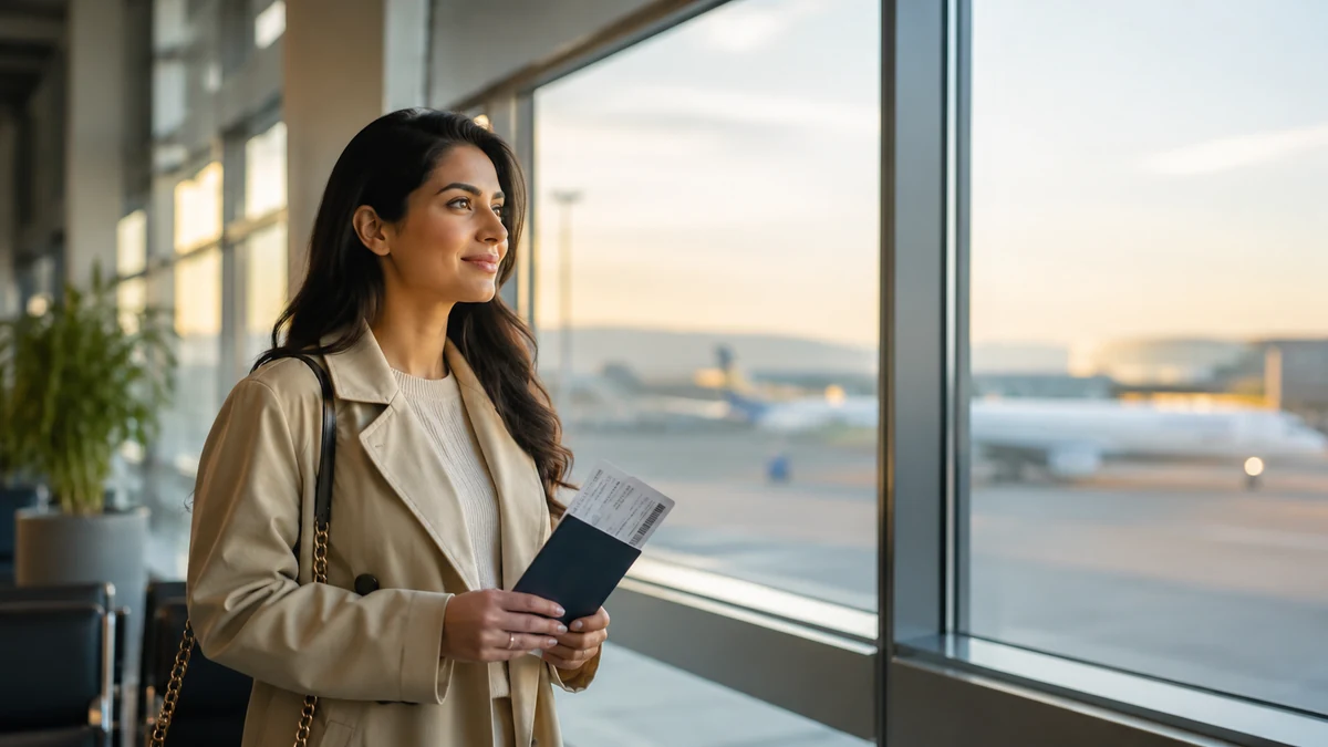 Traveler preparing for a flight at an airport terminal