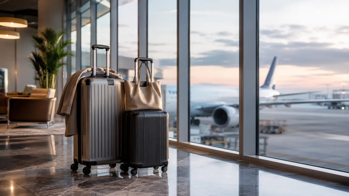 Travel luggage waiting beside an airport terminal window