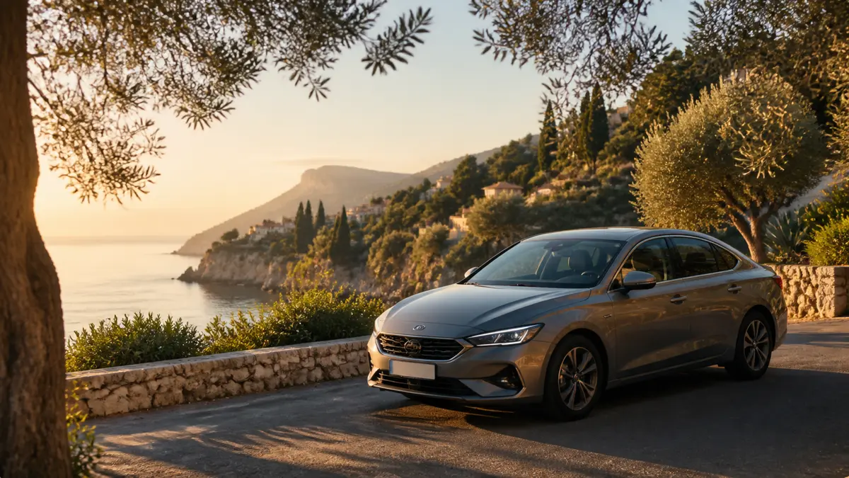 Modern rental car on a Mediterranean coastal road at golden hour
