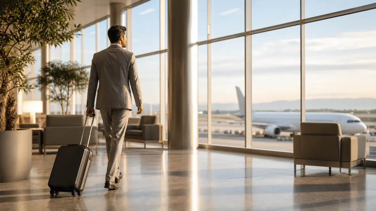 Business traveler with carry-on luggage in a bright airport lounge