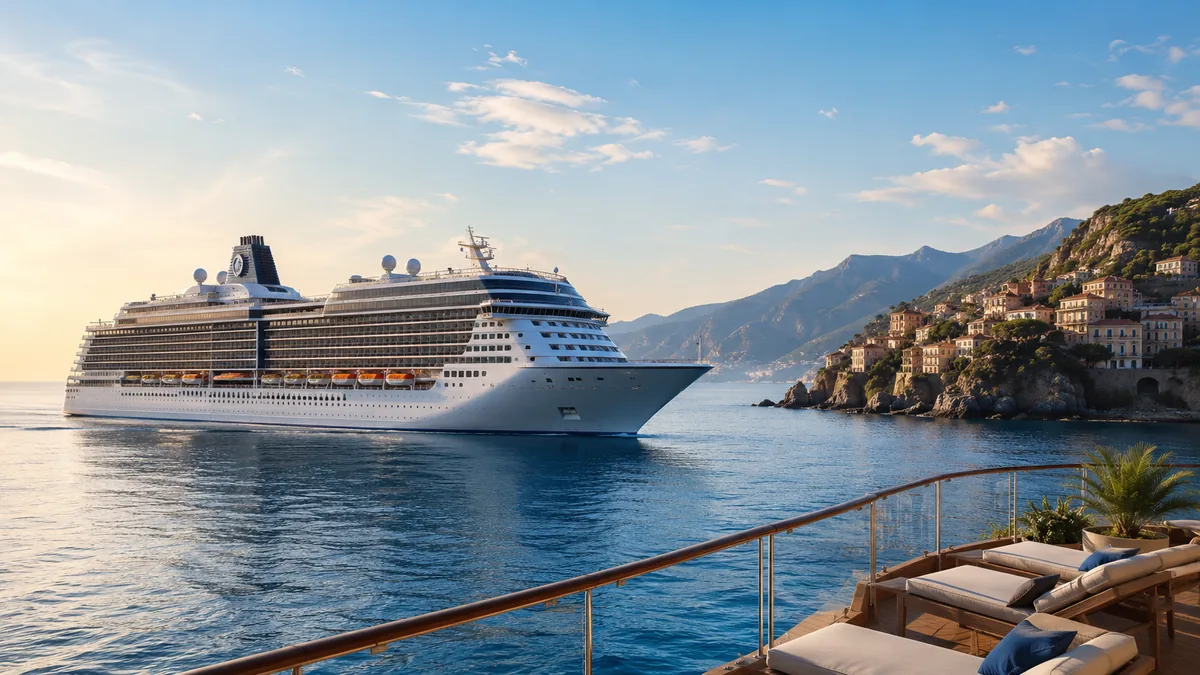 Cruise ship sailing beside a scenic Mediterranean coastline