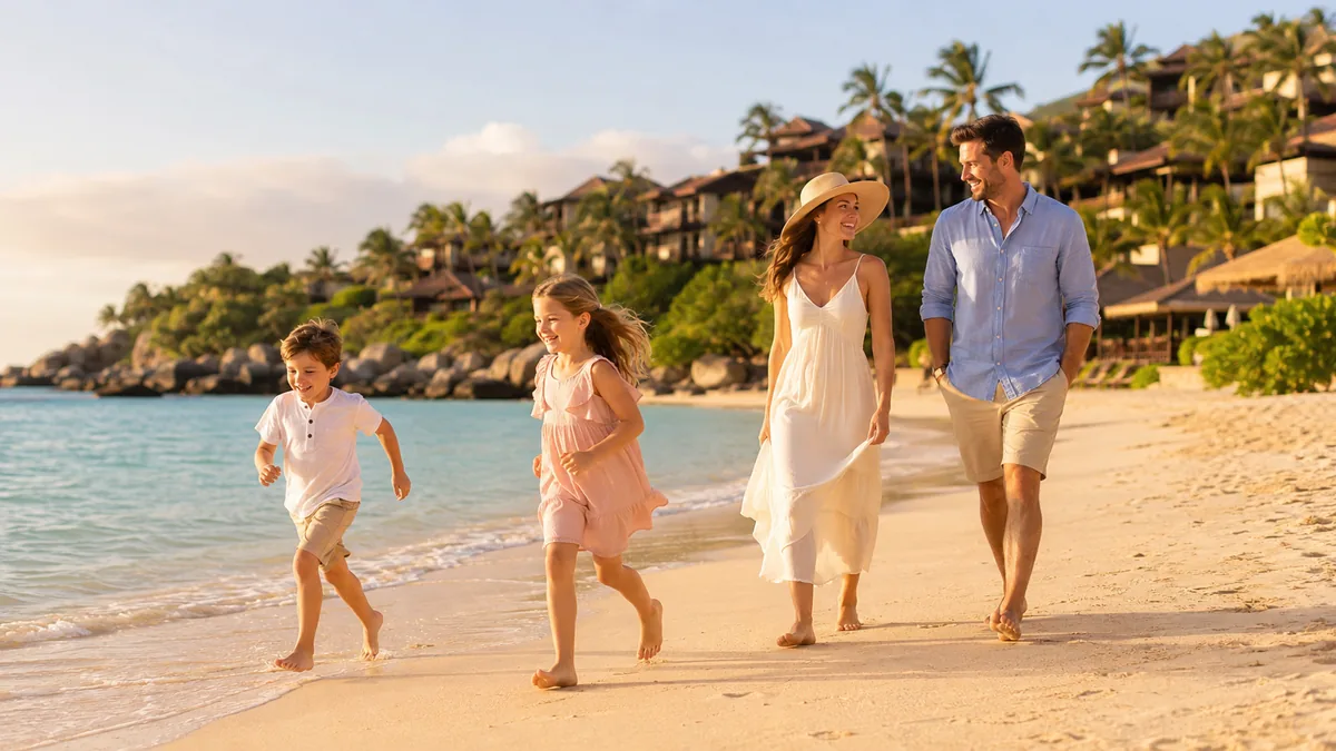 Family enjoying a relaxed walk on a tropical resort beach