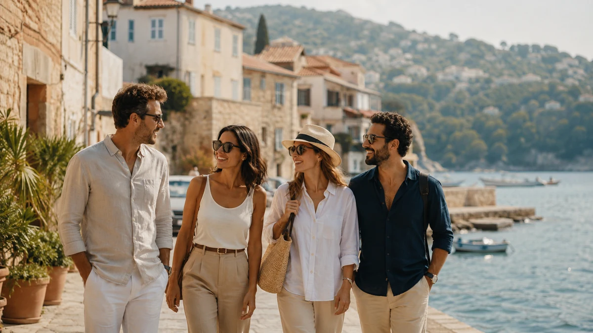 Group of adult travelers exploring a coastal destination together