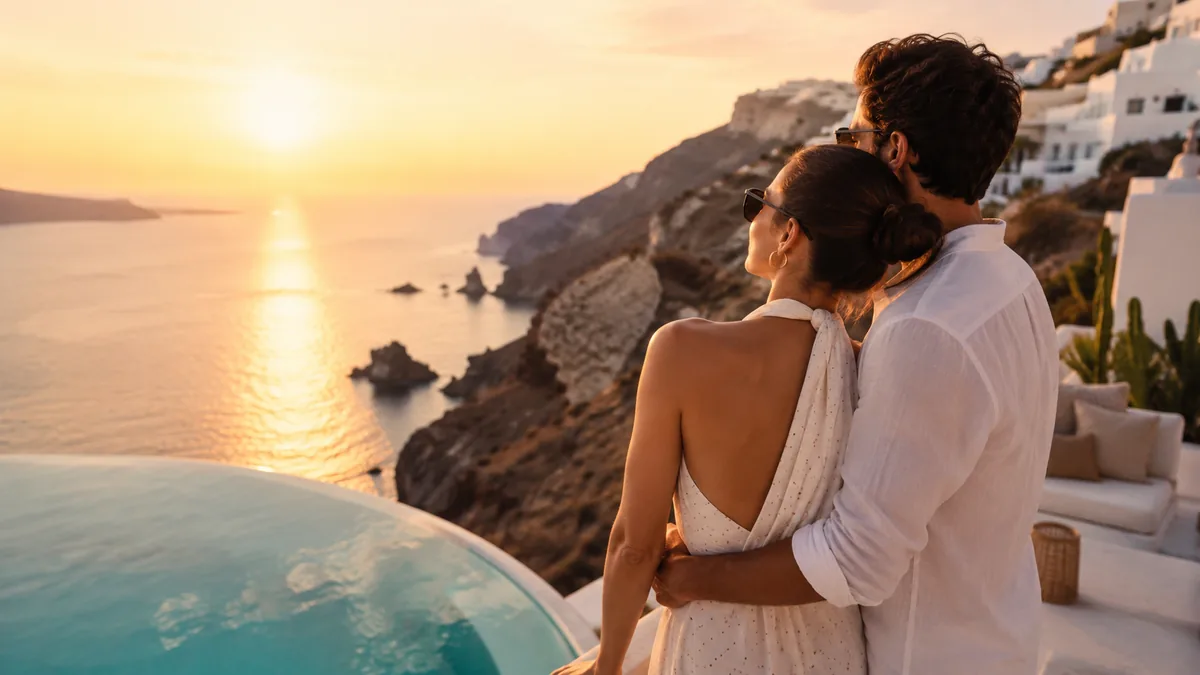 Couple embracing on a Mediterranean terrace at sunset