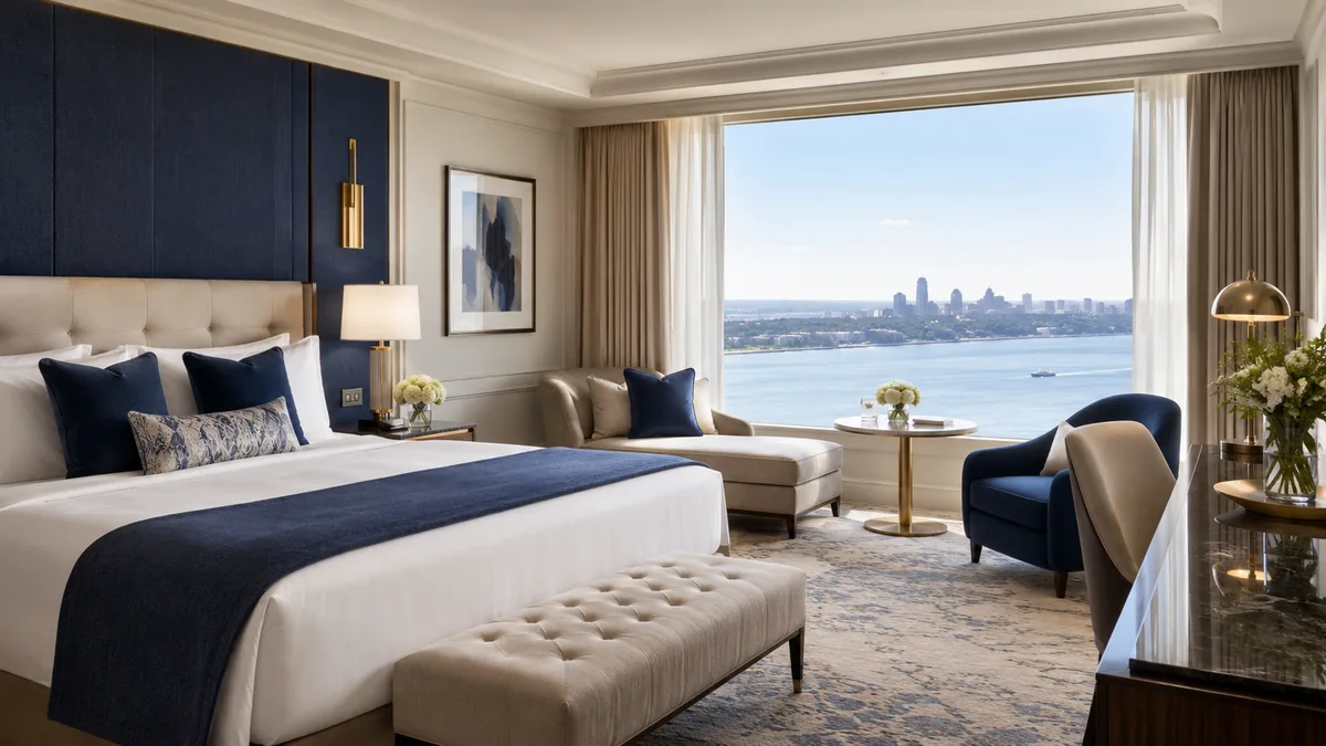Elegant hotel suite with navy accents and a waterfront view