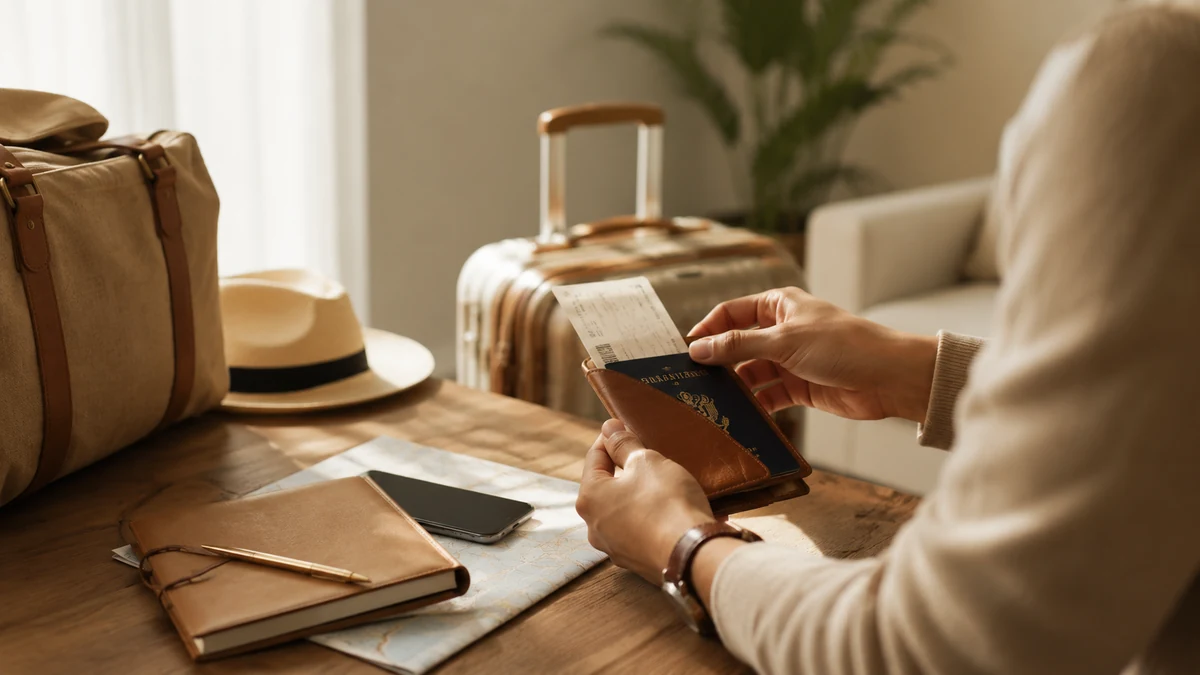 Traveler organizing passport, documents and luggage before a journey