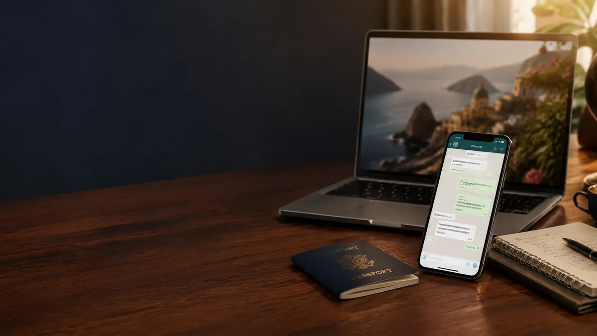 Traveler using a smartphone beside maps and planning notes