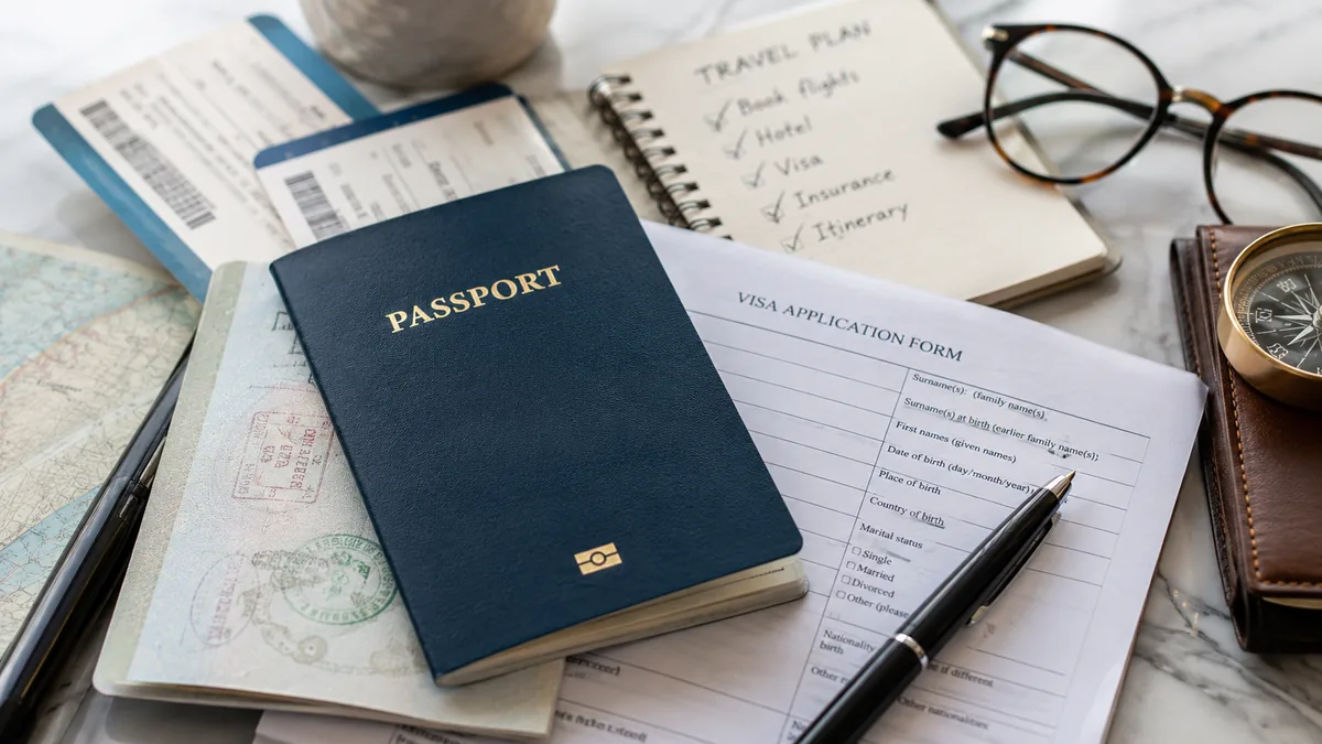 Illustrative passport and travel-planning documents arranged on a desk
